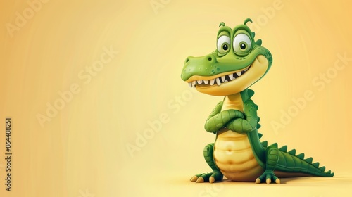  A cartoon alligator, grinning widely, sits before a yellow backdrop © Jevjenijs