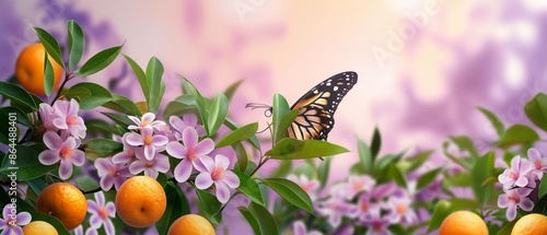 AI generator image of butterfly Duranta erecta flowers and Duranta erecta orange fruits photo