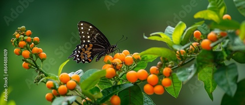 AI generator image of butterfly Duranta erecta flowers and Duranta erecta orange fruits photo