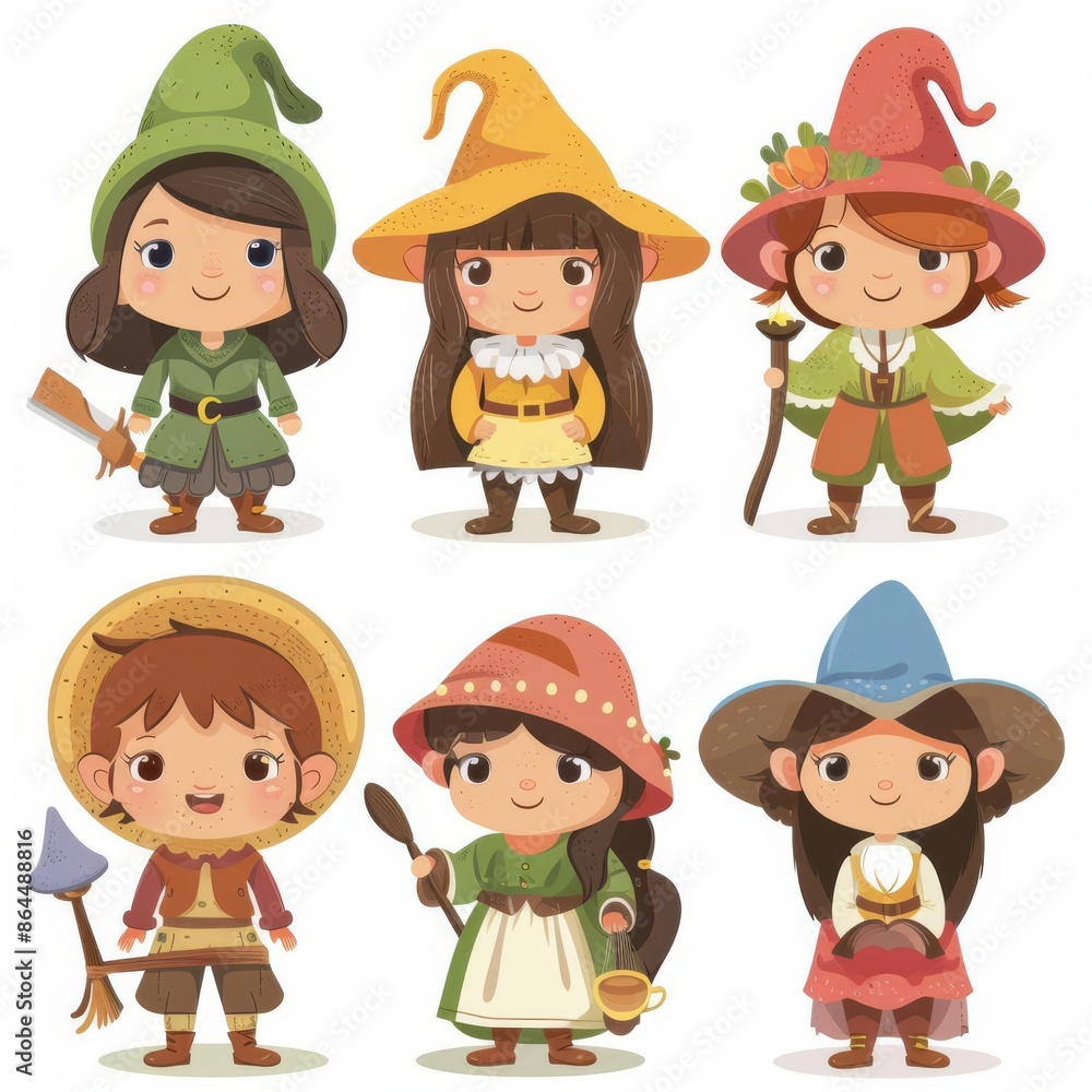 Whimsical set of Rumpelstiltskin characters in kawaii style, each designed with adorable features, perfect for storybooks, on white Whimsical set of Rumpelstiltskin characters in kawaii style, each designed with adorable features, perfect for storybooks, on white