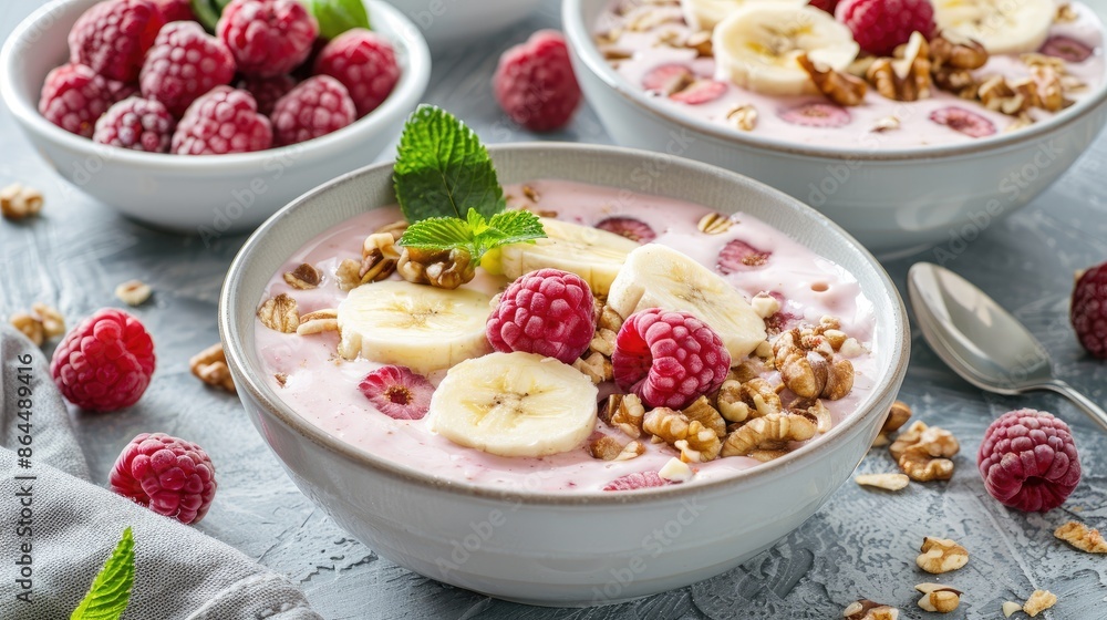 yogurt with berries on the table top view. Selective focus yogurt with berries on the table top view. Selective focus