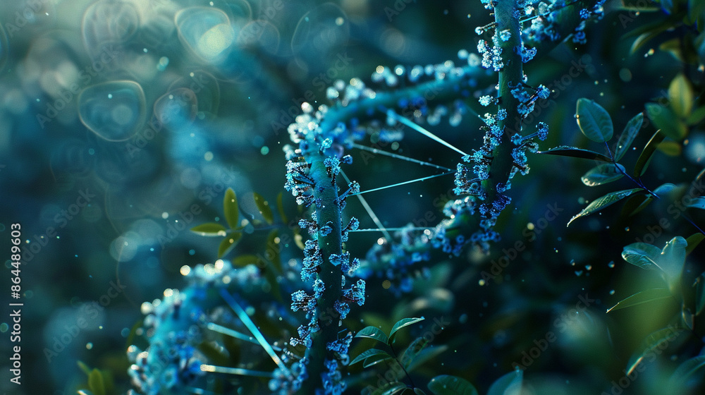 A blue DNA strand is shown in a blurry, hazy background A blue DNA strand is shown in a blurry, hazy background