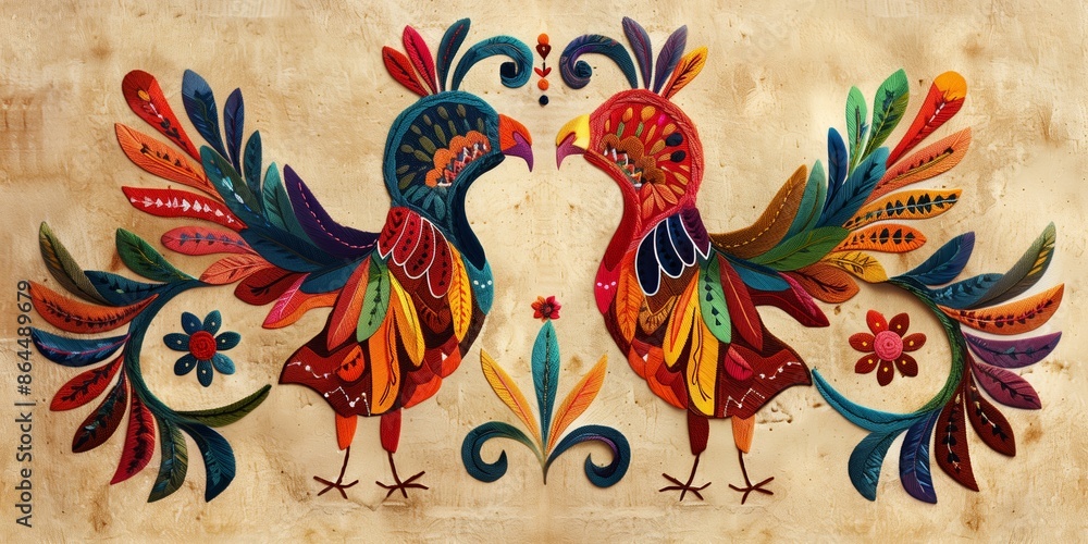 Obraz premium A detailed and vibrant depiction of two roosters in a traditional folk art style. The illustration showcases intricate patterns and rich colors typical of traditional embroidery. 