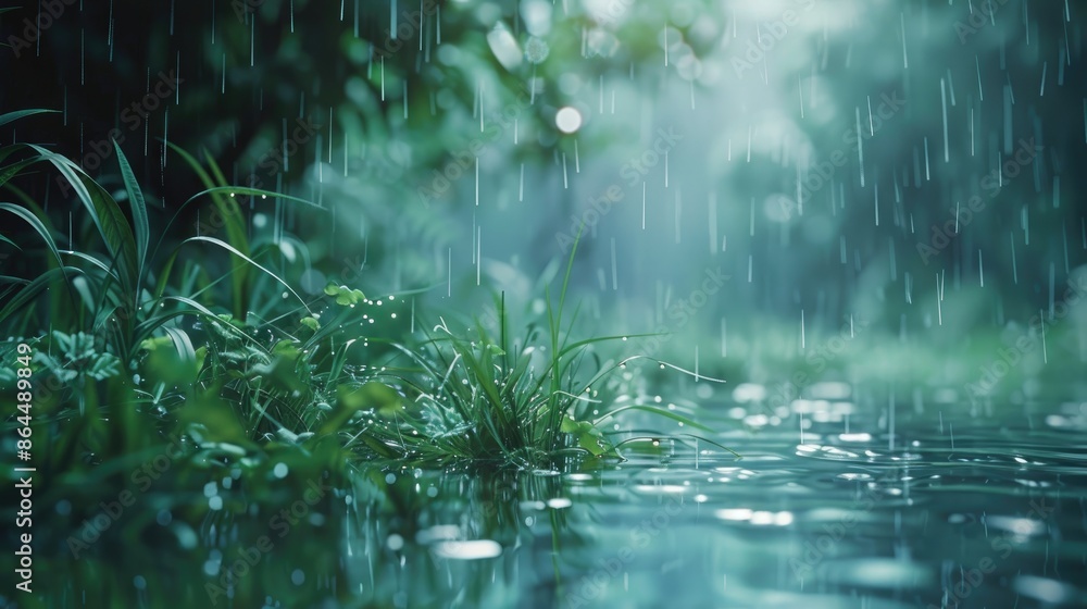 Rain falling on grass, misty, beautiful, lush green, depth of field, water reflections Rain falling on grass, misty, beautiful, lush green, depth of field, water reflections