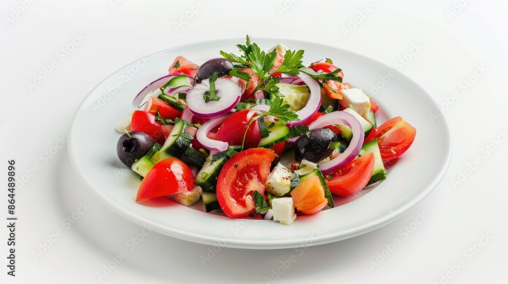 Fresh greek salad on a plate on white background Fresh greek salad on a plate on white background