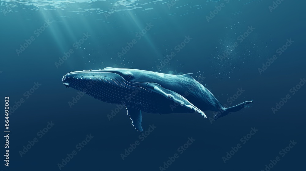 Obraz premium A humpback whale swims beneath the water's surface as sunlight streams through it