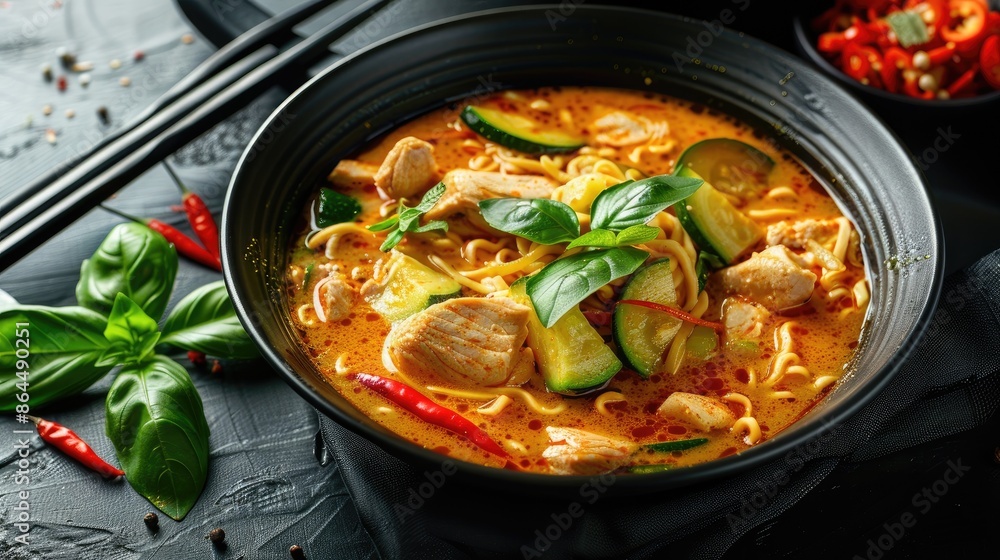 Curry soup with chicken meat, zucchini and chow mein noodles on black background Curry soup with chicken meat, zucchini and chow mein noodles on black background