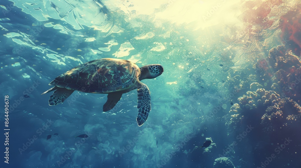 A turtle swims in the ocean, surrounded by numerous corals below the water surface, and schools of fish populate the seabed A turtle swims in the ocean, surrounded by numerous corals below the water surface, and schools of fish populate the seabed