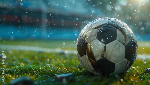 Soccer ball on green grass with rain drops. Soccer ball on the grass photo