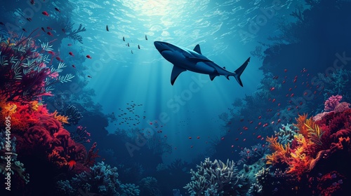  A painting of a shark swimming in the oscillating ocean, surrounded by abundant corals and various marine life