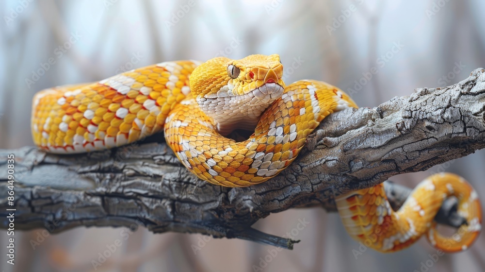 A yellow-and-white snake sits atop a tree branch, its head reposing on a limb A yellow-and-white snake sits atop a tree branch, its head reposing on a limb