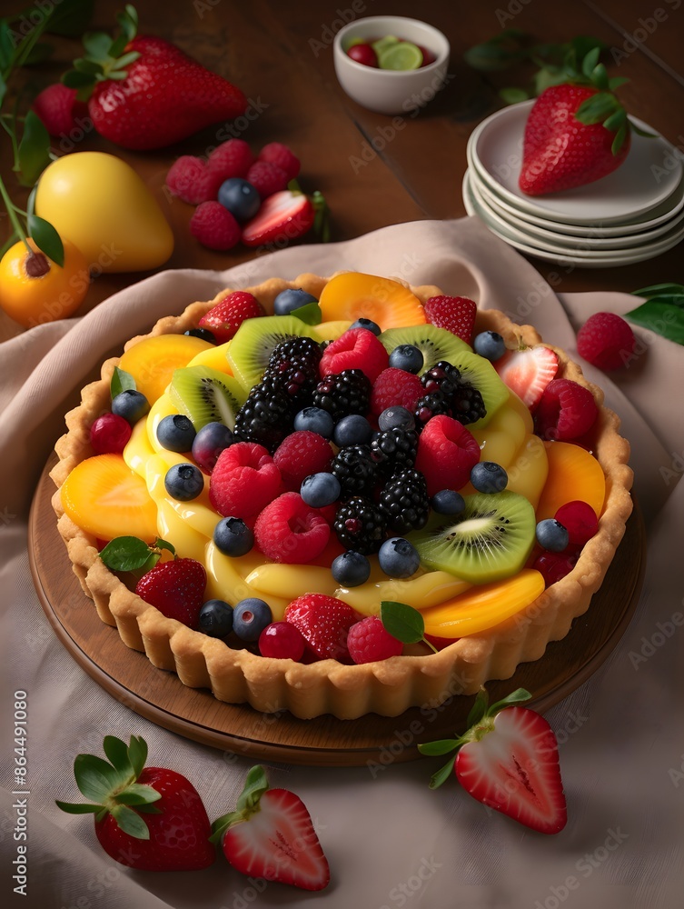 Vibrant Mixed Fruit Tart with Kiwi, Berries, and Peach Glaze. Vibrant Mixed Fruit Tart with Kiwi, Berries, and Peach Glaze.