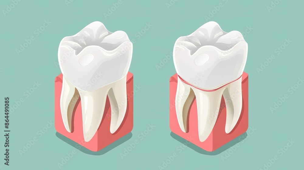 Illustration of a healthy tooth and a tooth with gum recession. Illustration of a healthy tooth and a tooth with gum recession.