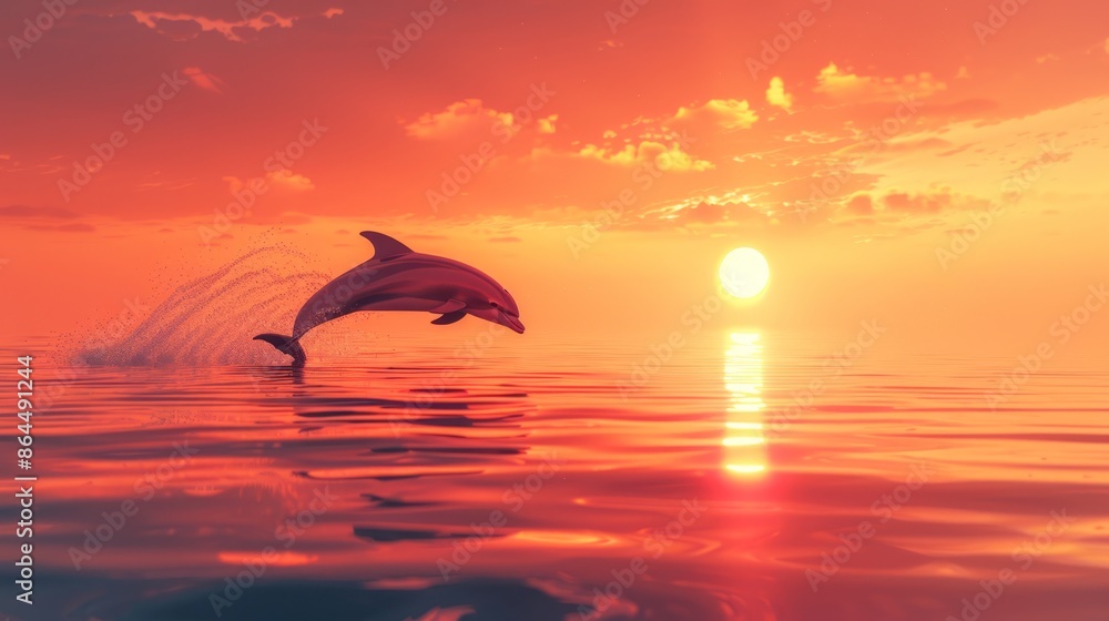A dolphin leaping from turquoise-orange waters beneath an orange and blue sky, with the sun casting golden rays behind A dolphin leaping from turquoise-orange waters beneath an orange and blue sky, with the sun casting golden rays behind