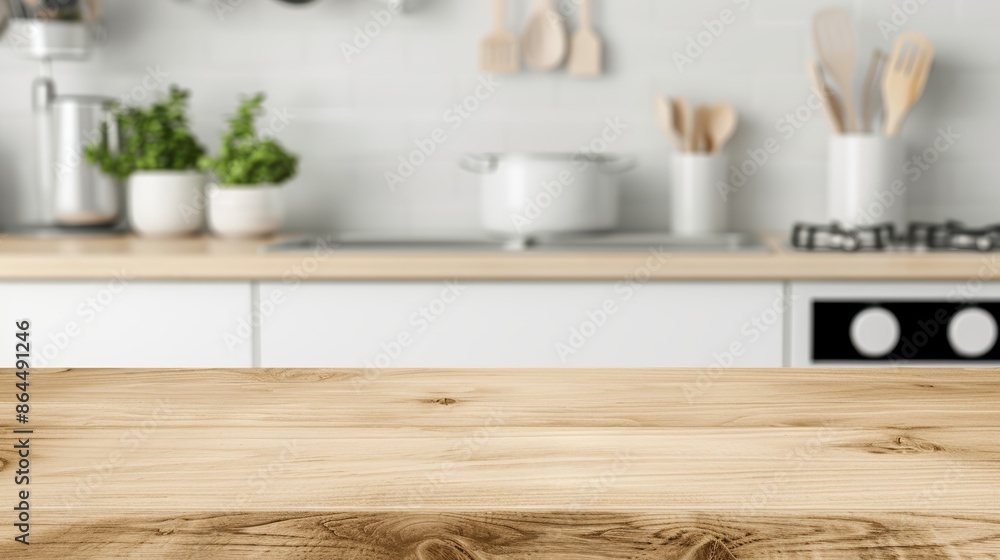 Focused light wood table top with a blurred kitchen counter background, empty space, visible kitchenware, and modern kitchen appliances, perfect for copy space, bright and welcoming Focused light wood table top with a blurred kitchen counter background, empty space, visible kitchenware, and modern kitchen appliances, perfect for copy space, bright and welcoming