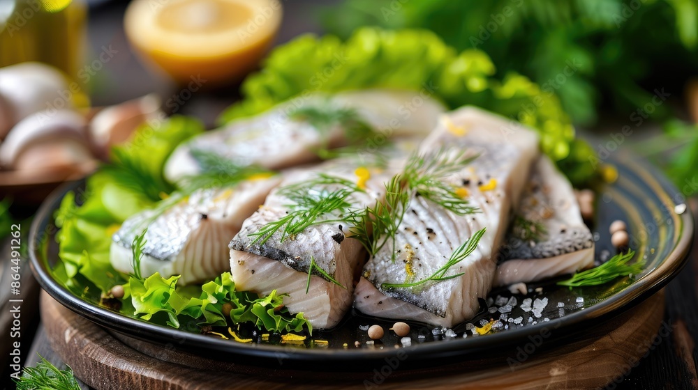 Marinated herring fillets in mustard sauce with dill and lettuce on wooden table Marinated herring fillets in mustard sauce with dill and lettuce on wooden table
