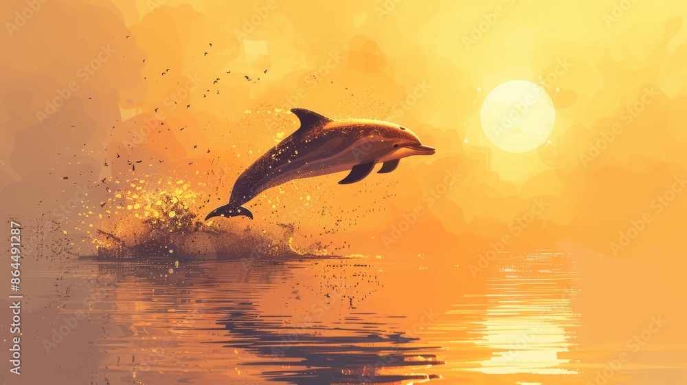 jumping out of turquoise water, against vibrant yellow-orange sunset backdrop, sun included jumping out of turquoise water, against vibrant yellow-orange sunset backdrop, sun included