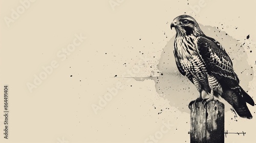 Hawk atop wooden post against painted backdrop with splatters