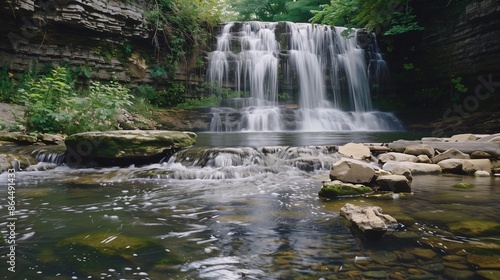 A pristine waterfall cascades into a clear river, symbolizing prosperity and nature's enduring bounty.