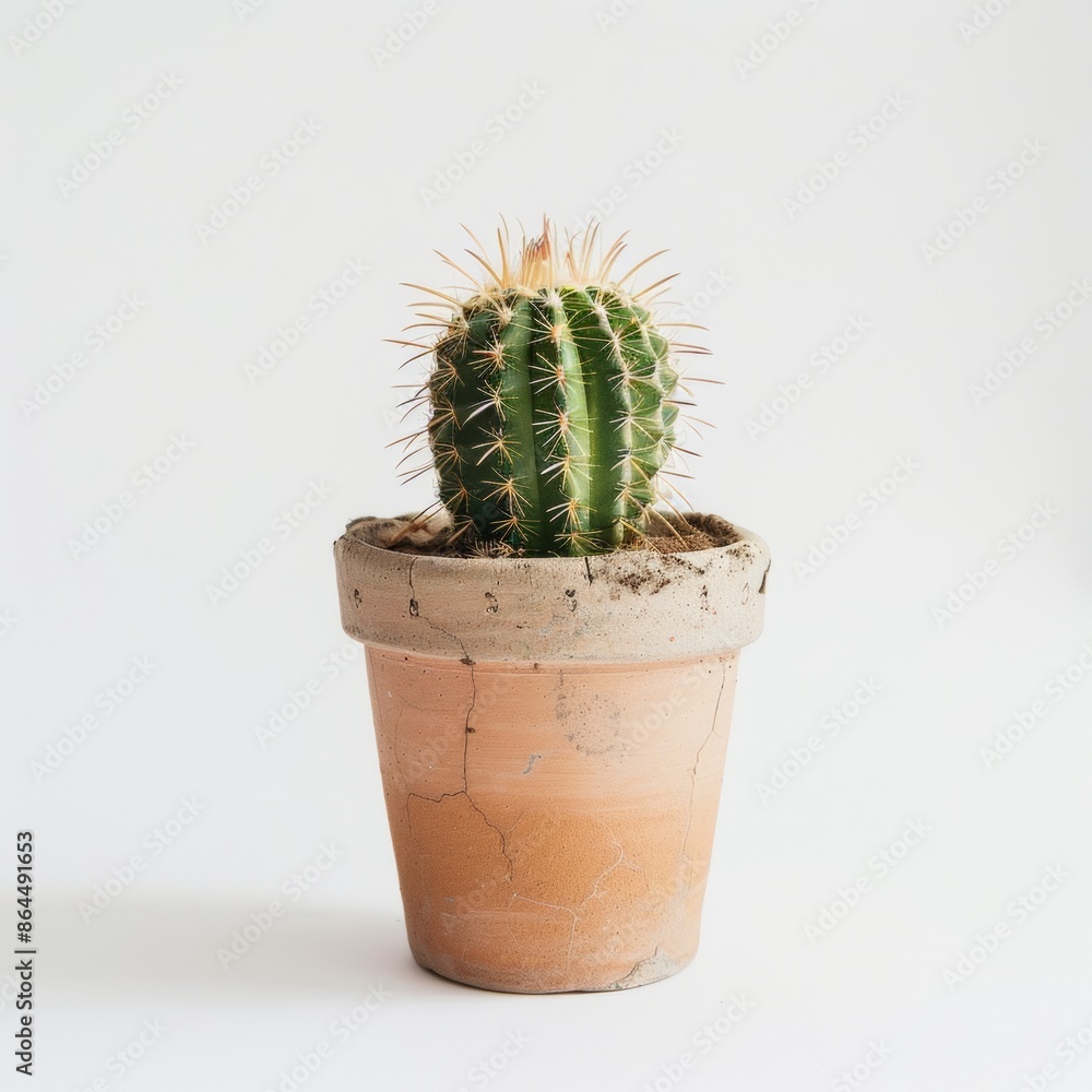 Cactus in a clay pot on a white background. Cactus in a clay pot on a white background.
