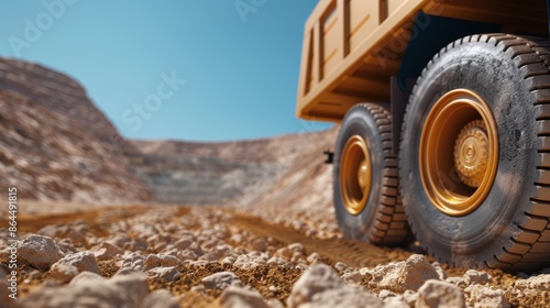 High-tech mining truck in a desert setting, representing modern sustainable mining, resource extraction, and industrial growth, clear blue sky and barren landscape photo