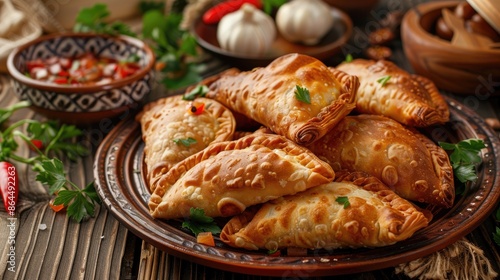 Wallpaper Mural Cheburek - deep-fried turnovers filled with ground meat and vegetables on wooden table Torontodigital.ca