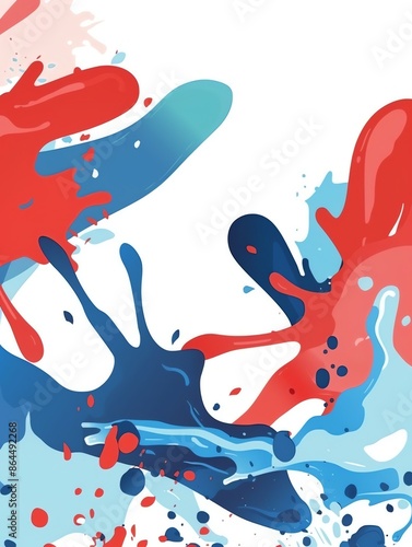 Abstract background with vibrant red, white and blue paint splashes, splatters, and drips. Dynamic and colorful design for art, creativity, and expression. photo