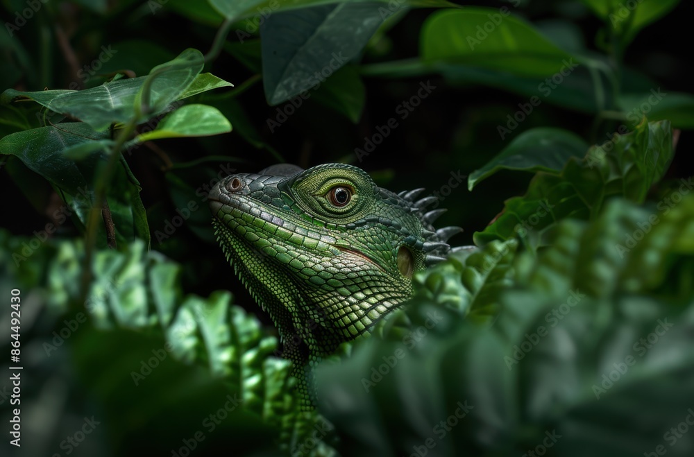 Obraz premium Close-up of a green lizard in a lush, tropical environment