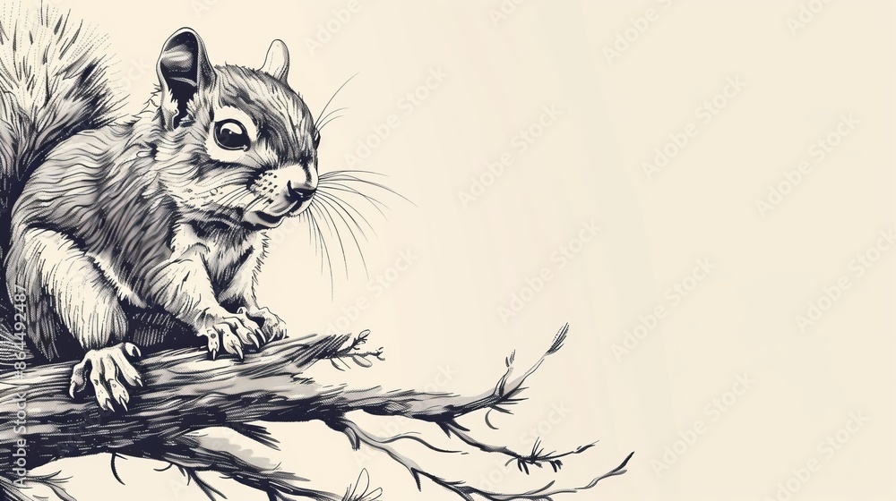 A squirrel, in monochrome, sits on a tree branch Its front paws grasp a twig A squirrel, in monochrome, sits on a tree branch Its front paws grasp a twig