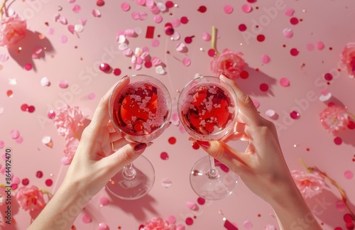Two Hands Toasting With Pink Drinks and Confetti