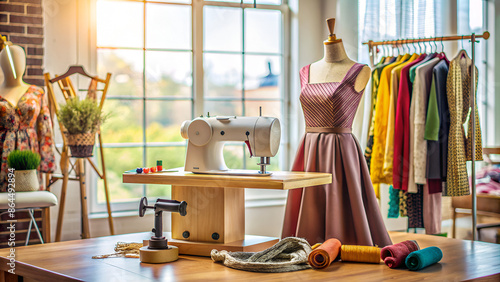 A beautiful dress form and sewing machine sit on a table, surrounded by fabric, measuring tapes, and other sewing tools photo