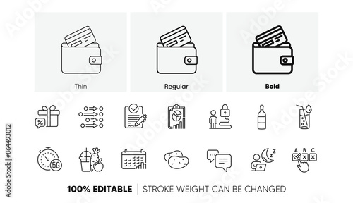 Potato, Calendar graph and Juice line icons. Pack of Rfp, Water glass, Debit card icon. Sale gift, Correct checkbox, Dots message pictogram. Lock, Order, Wine bottle. Report, 5g internet. Vector