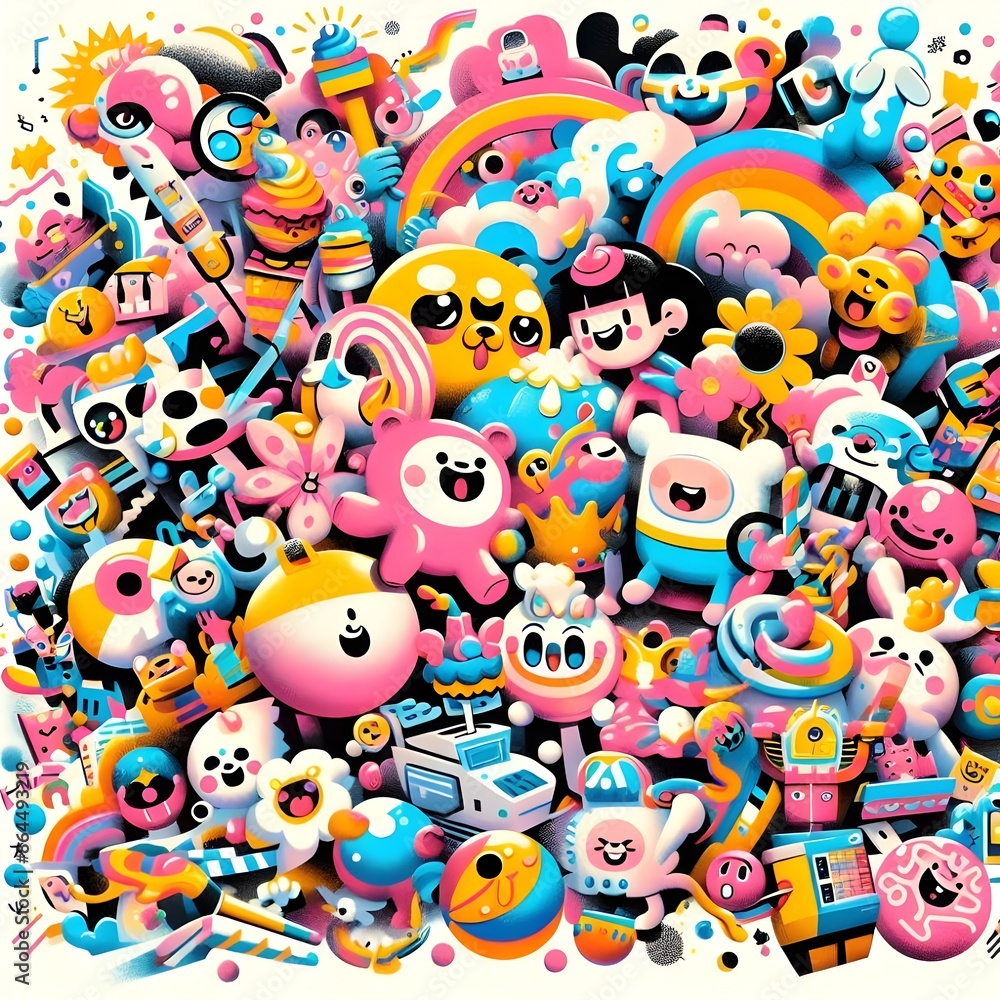 The image depicts a vibrant assembly of cartoon characters and elements, including smiling faces, hearts, stars, rainbows, and abstract shapes—the high saturation of colours and playful. The image depicts a vibrant assembly of cartoon characters and elements, including smiling faces, hearts, stars, rainbows, and abstract shapes—the high saturation of colours and playful.