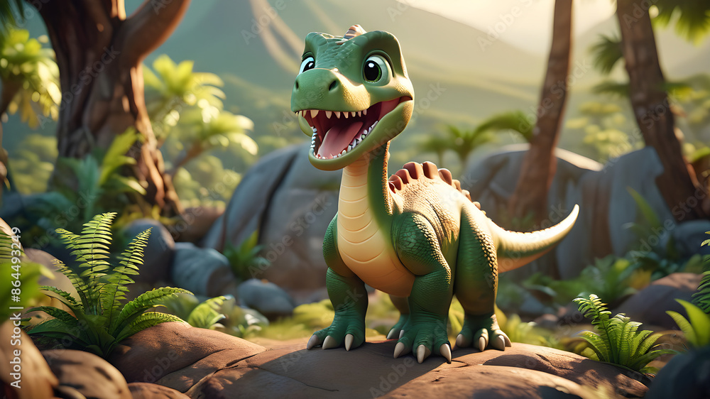 Naklejka premium a cute cartoon dinosaur in a prehistoric landscape.
