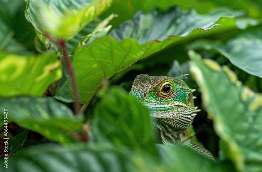 Fototapeta premium Vibrant green lizard hiding in lush foliage