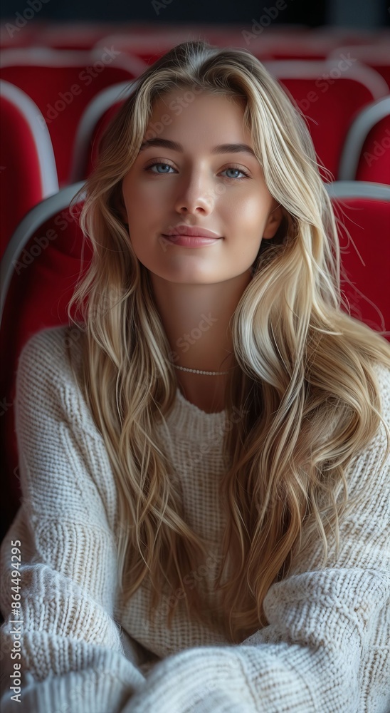 Fototapeta premium A woman in a white sweater sitting in an auditorium.