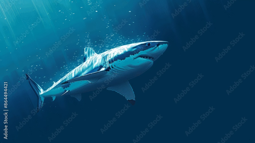 A painting of a great white shark swimming in the ocean with sunlight illuminating its dorsal side A painting of a great white shark swimming in the ocean with sunlight illuminating its dorsal side