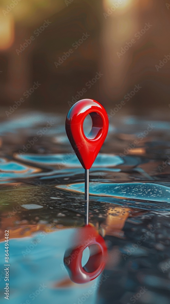 Red location pin on reflective surface in blurred background, navigation concept Red location pin on reflective surface in blurred background, navigation concept
