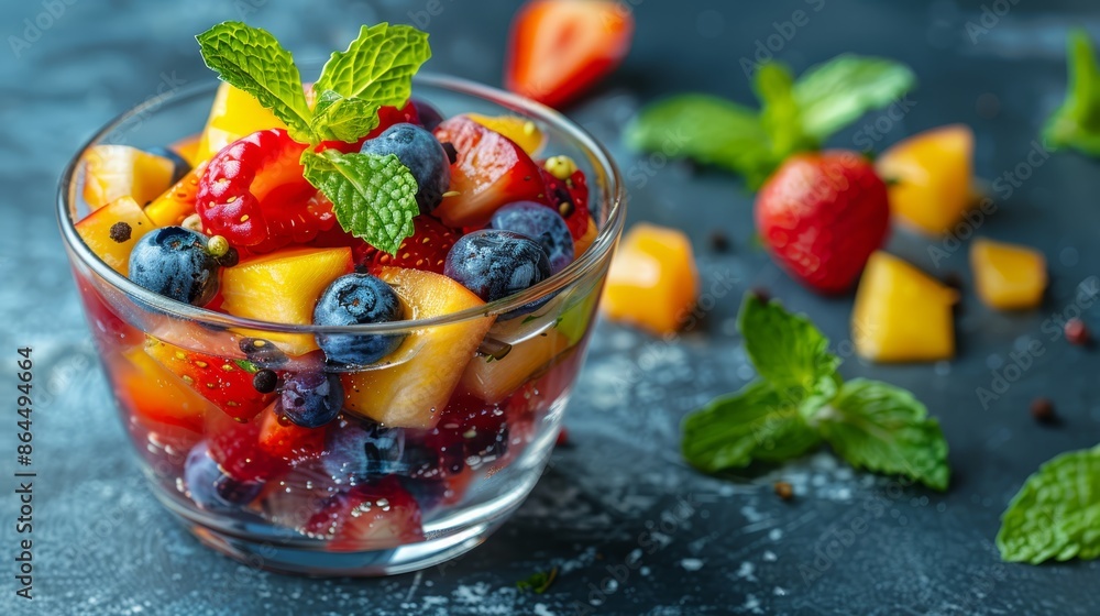 A tight shot of a fruit salad in a glass bowl on the table Mint leaves and strawberries nearby A tight shot of a fruit salad in a glass bowl on the table Mint leaves and strawberries nearby