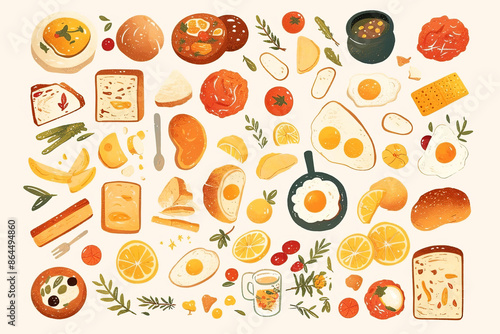 A delightful illustration of various breakfast items including eggs, tomatoes, bread, cheese, and coffee