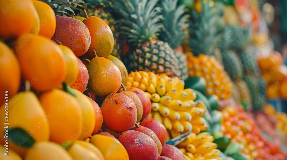 A tight shot of a fruit stand displaying pineapples, oranges, bananas, and more pineapples A tight shot of a fruit stand displaying pineapples, oranges, bananas, and more pineapples