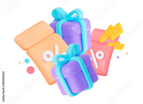 3D gift box with coupons. Discounts for profitable purchases. Sale promo code. 3D vector illustration. 