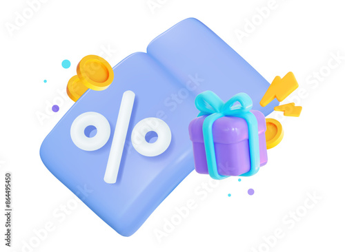 3D illustration of a label with percent, gift box, and flying golden coins, symbolizing online shopping and bonus offers.