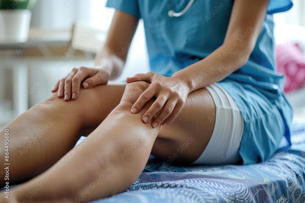 A close-up view of a professional therapist conducting a knee massage therapy session for a patient, highlighting the significance of physical therapy in health and rehabilitation. A close-up view of a professional therapist conducting a knee massage therapy session for a patient, highlighting the significance of physical therapy in health and rehabilitation.