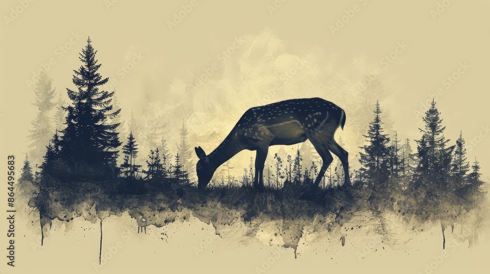 A painting of a deer grazing in a field, surrounded by trees, and a foggy sky in the background A painting of a deer grazing in a field, surrounded by trees, and a foggy sky in the background