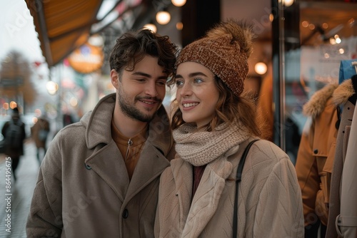 A smiling couple, wrapped in warm winter clothing, walk side by side in an outdoor setting, surrounded by vibrant shop displays and festive decorations on a chilly day.