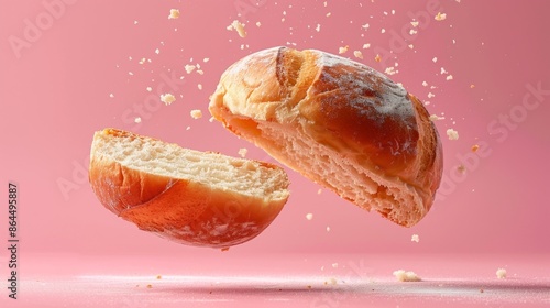 Levitating brioche cut sliced, separated, pastel pink color background, professional photography, minimalism, negative space.