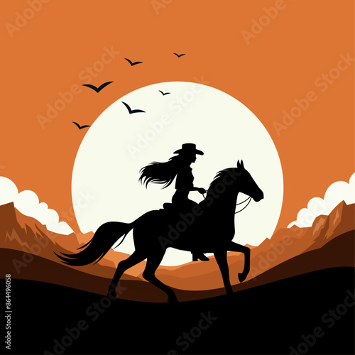 Silhouette cowgirl riding horse. Vector illustration