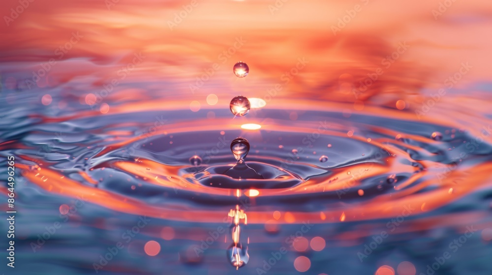 A tight shot of a water droplet against a sunset backdrop, featuring a pink-hued sky A tight shot of a water droplet against a sunset backdrop, featuring a pink-hued sky