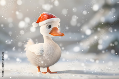 A cute cartoon goose wearing Santa's hat against snowy winter landscape. Illustration for calendar, greeting card design, gift boxed